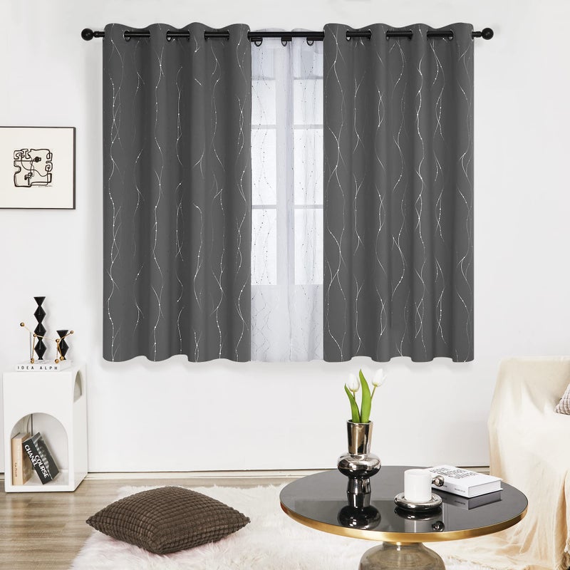 Deconovo Blackout Curtains, Light Grey Thermal Insulated Grommet Drapes, Silver Wave Dots Foil Print, Thermal Window Panels, 52" W x 45" L, 2 Panels, for Bedroom Living Room - Image 2